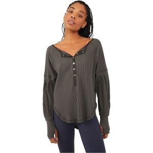 Free People FP Movement Bella Charcoal Long Sleeve Ribbed Henley Tunic Shirt med
